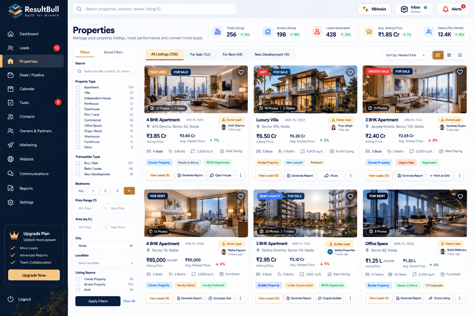 Real estate property listings preview with search filters, enquiry actions and sample property records