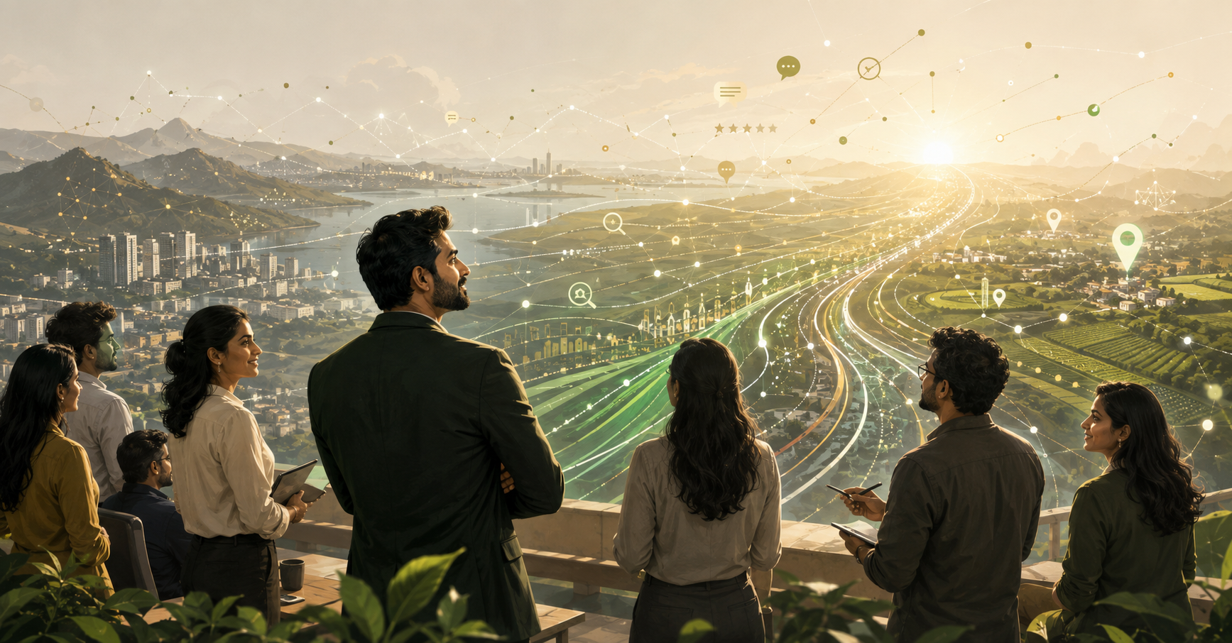 Business and technology teams looking toward a connected intelligence horizon